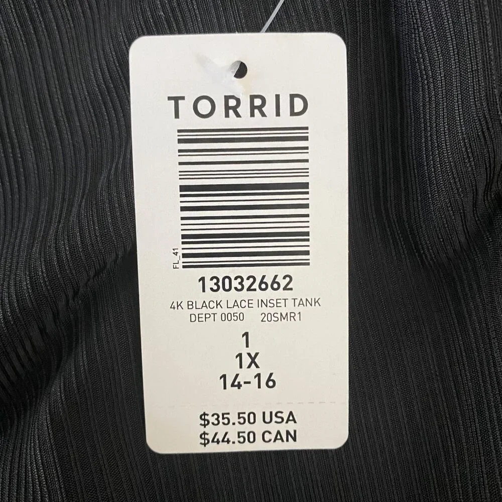 Torrid Lace Trim Inset Tank Women's Size 1X Black Sleeveless Scoop Neck Top New - Picture 8 of 12